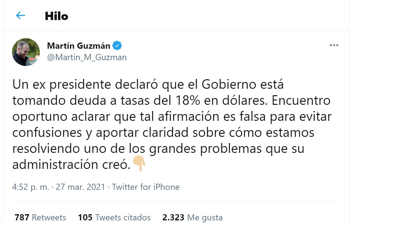 Tuit de Martín Guzmán contra Mauricio Macri.