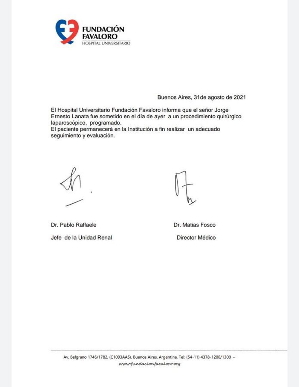 Comunicado de salud de Jorge Lanata 20210831