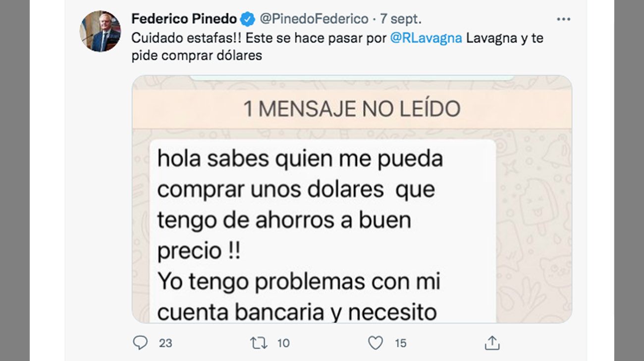 El falso mensaje que recibió Federico Pinedo