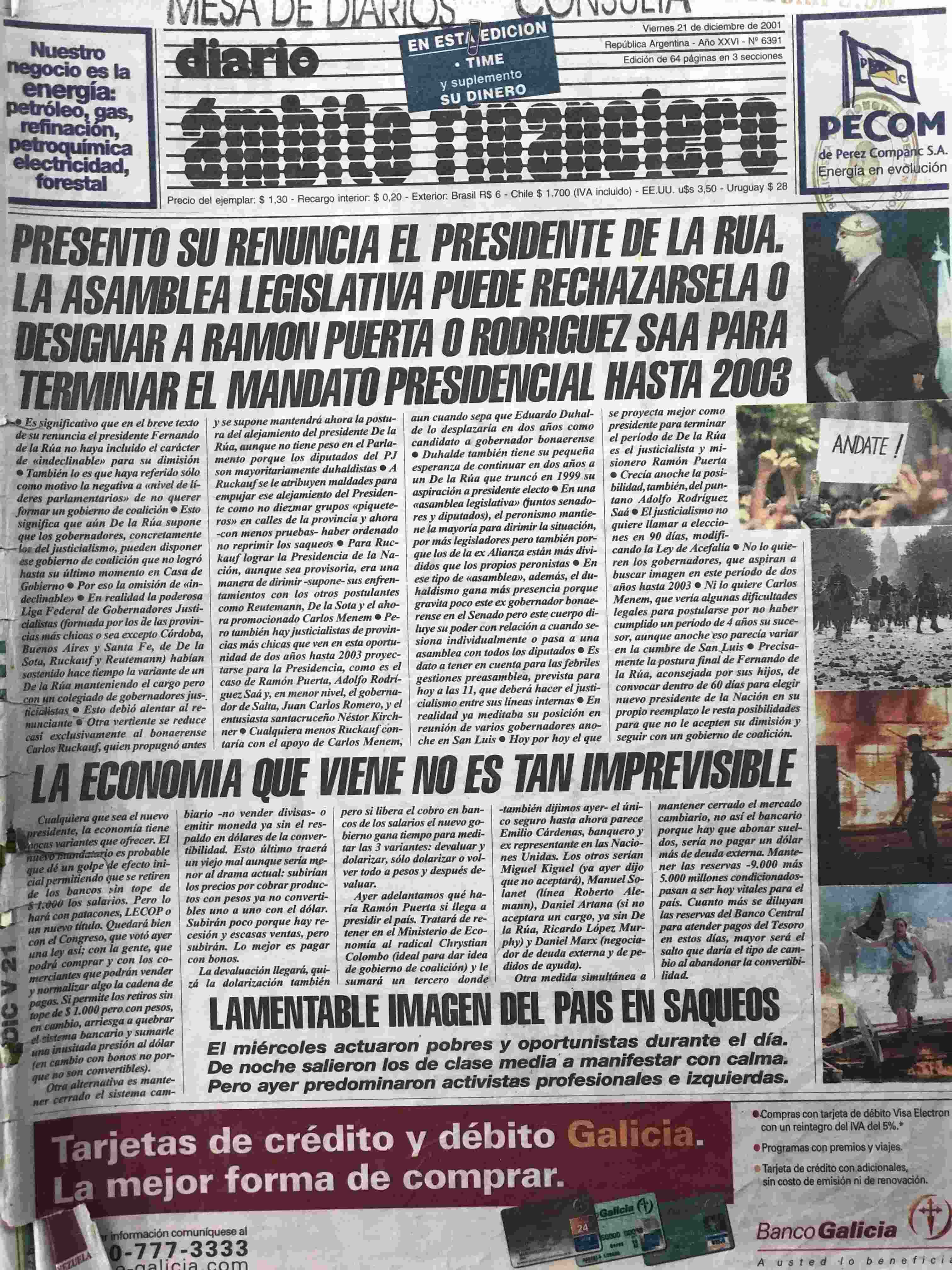 diarios del 21 de diciembre del 2001