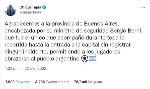 El Chiqui Tapia twiteó sobre el operativo de seguridad