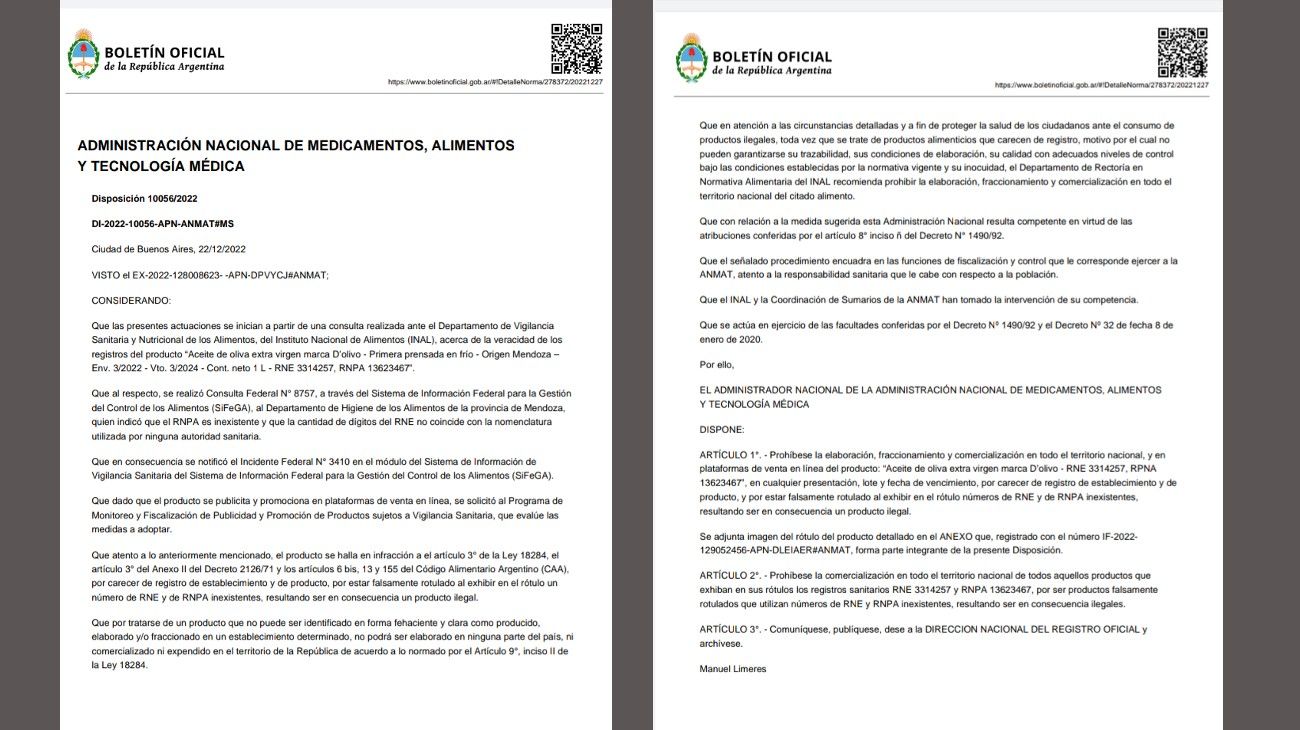 Anmat prohibió una marca de aceite de oliva
