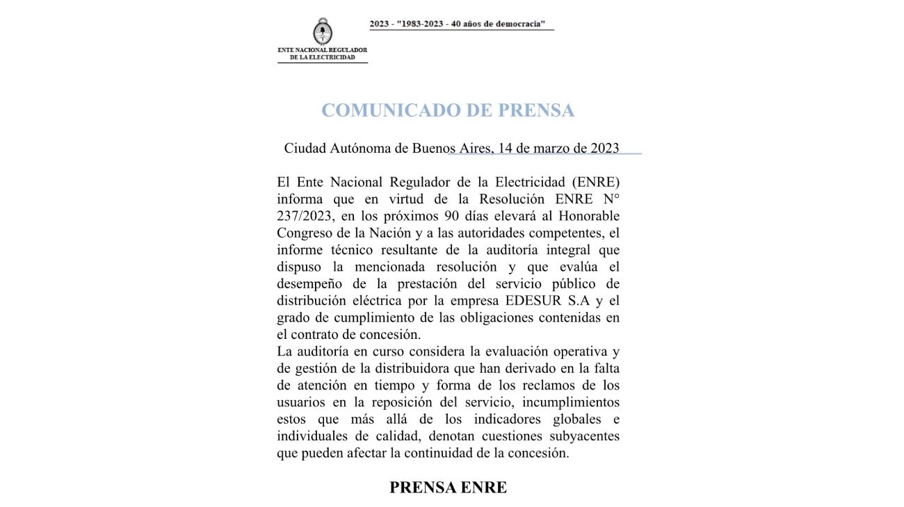 Comunicado ENRE - Edesur