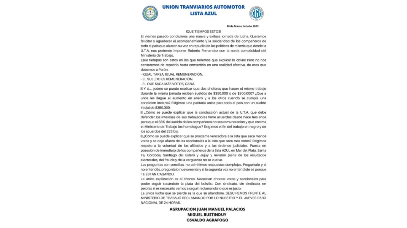 Comunicado por paro de colectivos