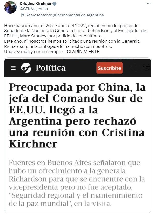El tuit que hizo Cristina desmintiendo a Clarín.