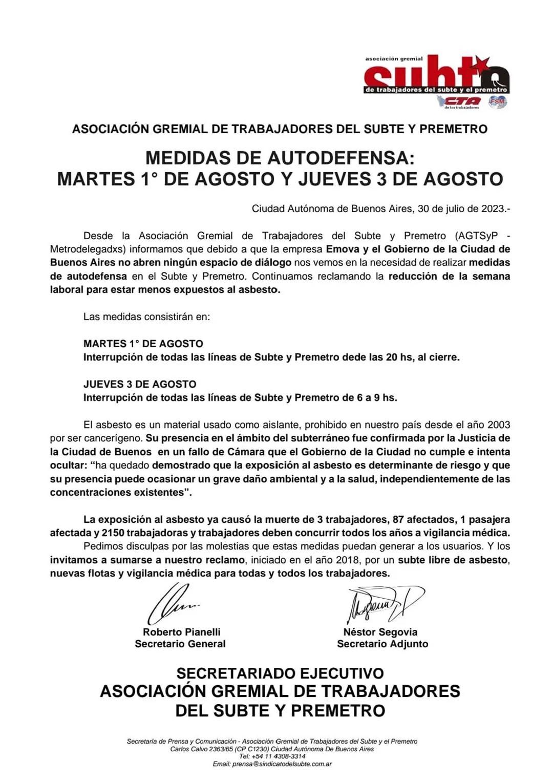 Comunicado del Sindicato