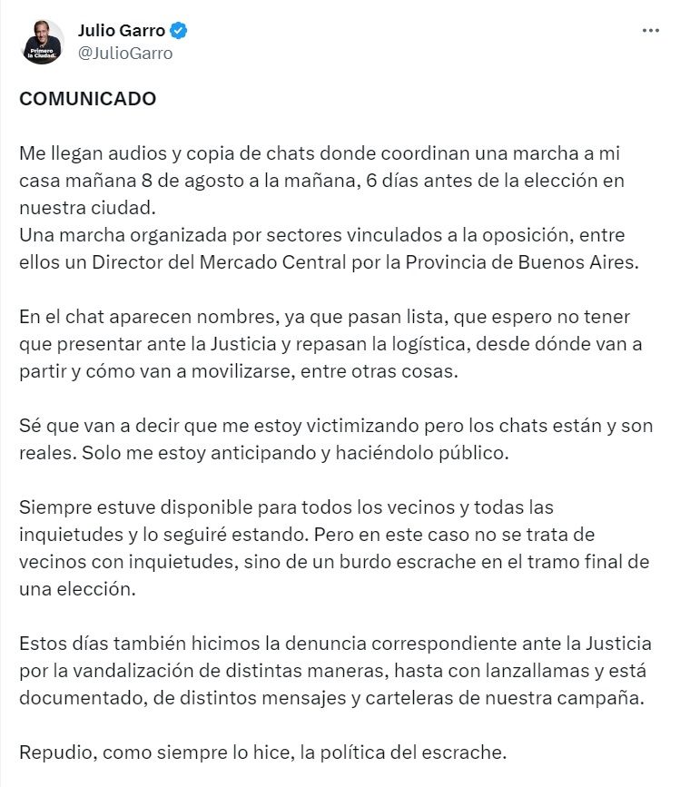 Comunicado julio garro