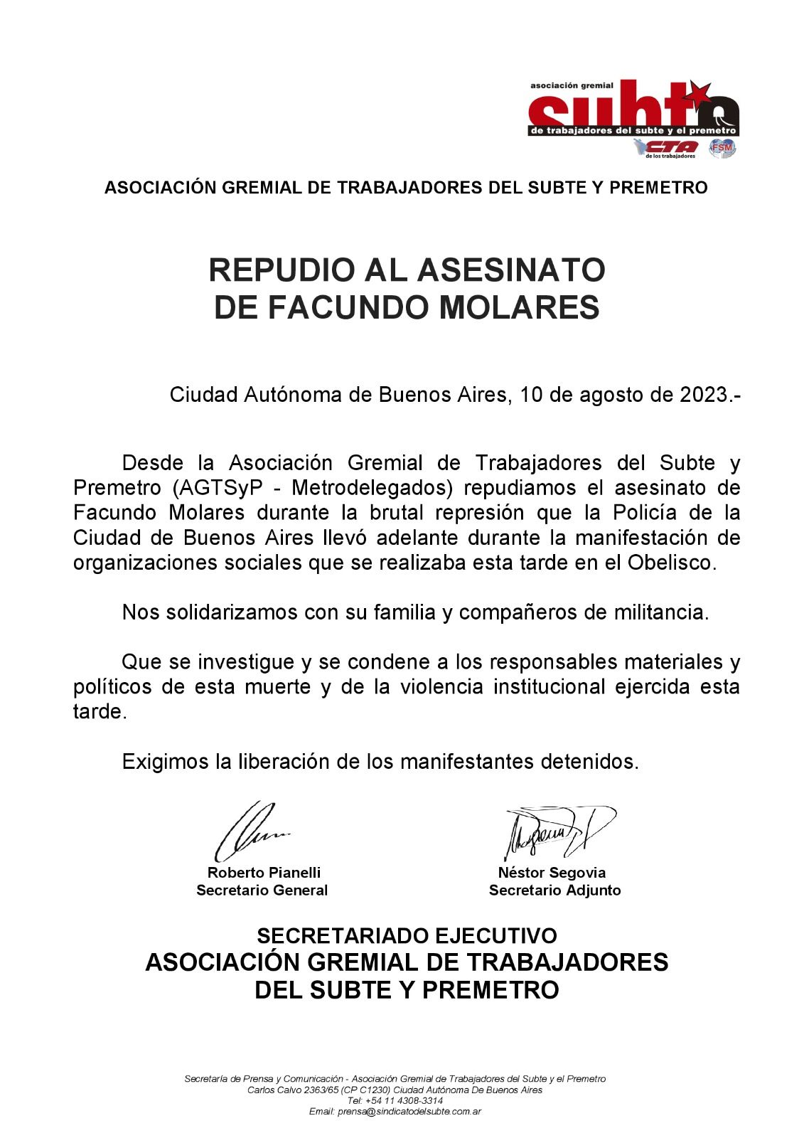 Comunicado metrodelegados