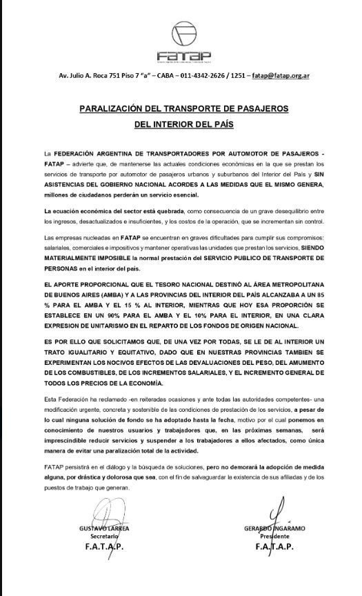 FATAP paro de colectivos en el interior
