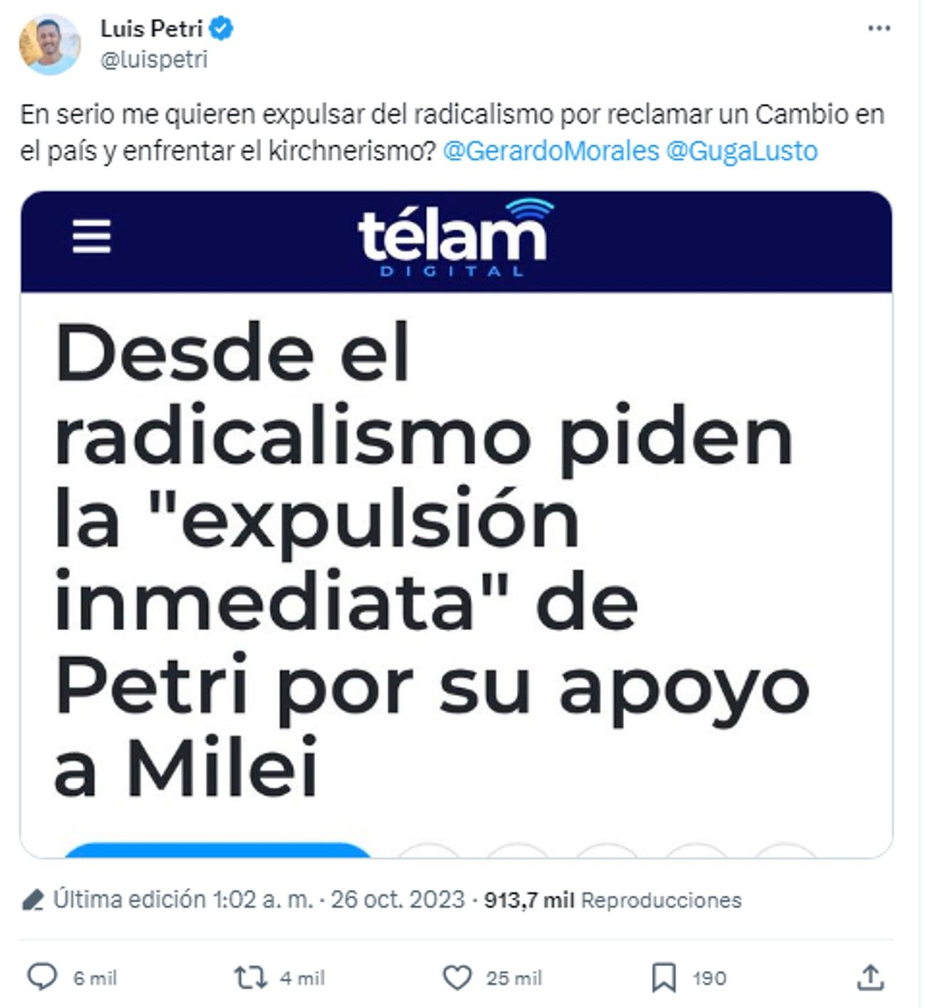 Tweet de Luis Petri 20231026