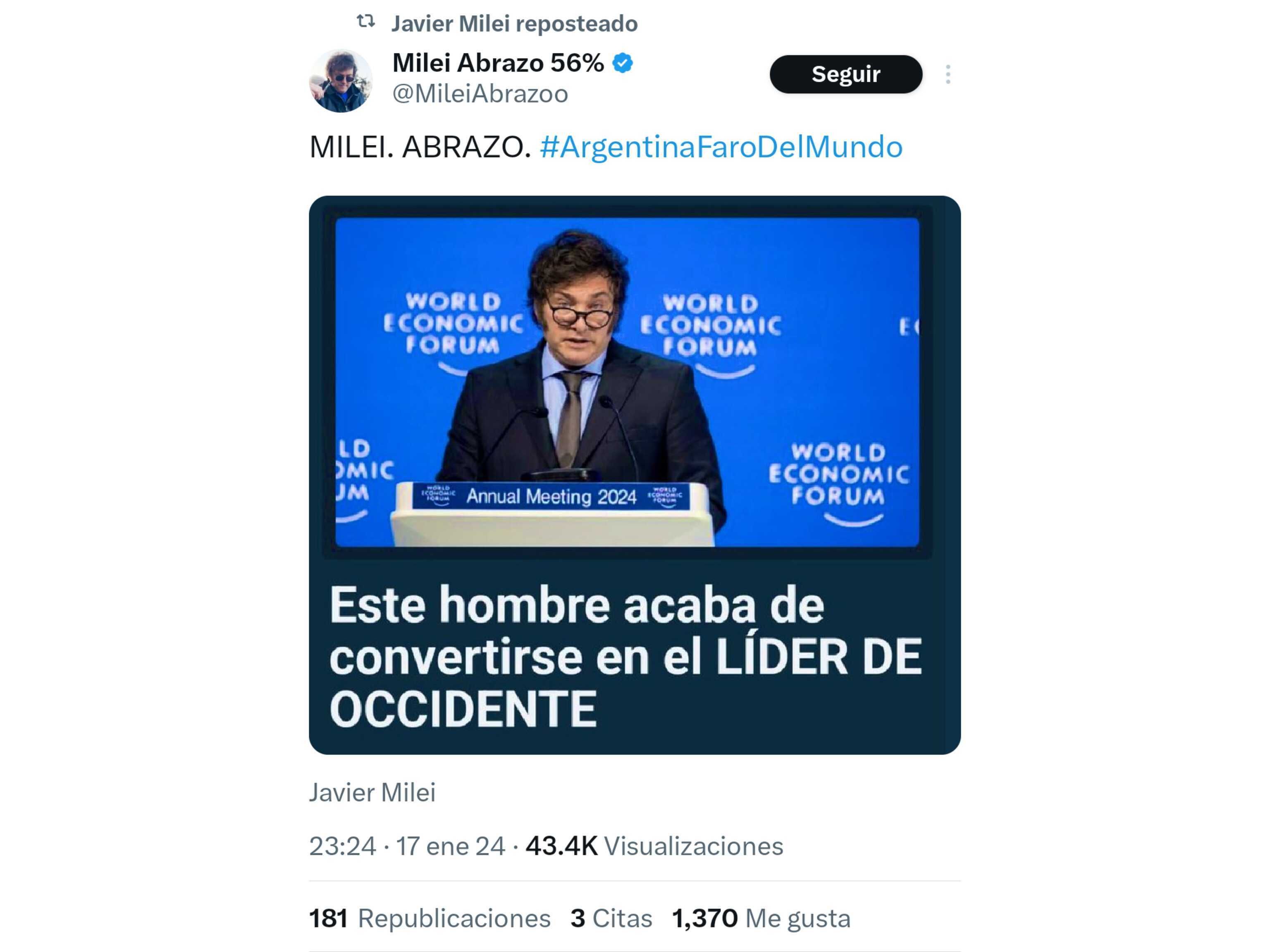 Los posteos de Javier Milei luego de Davos 20240118