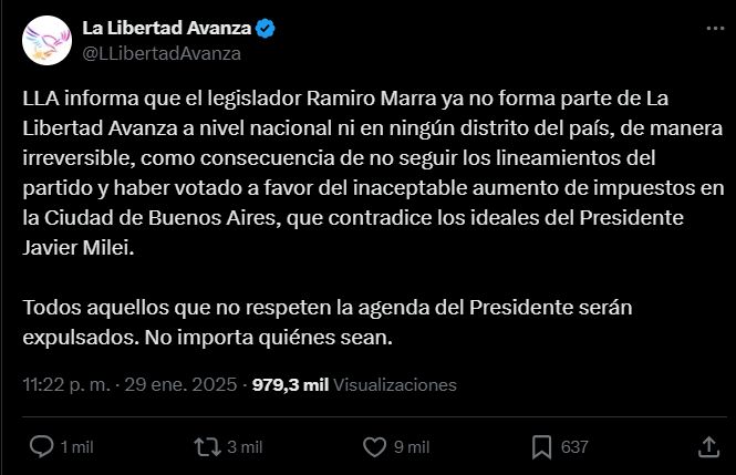 El posteo de La Libertad Avanza informando la expulsión de Ramiro Marra del espacio.
