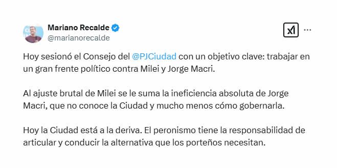 El tuit de Mariano Recalde.