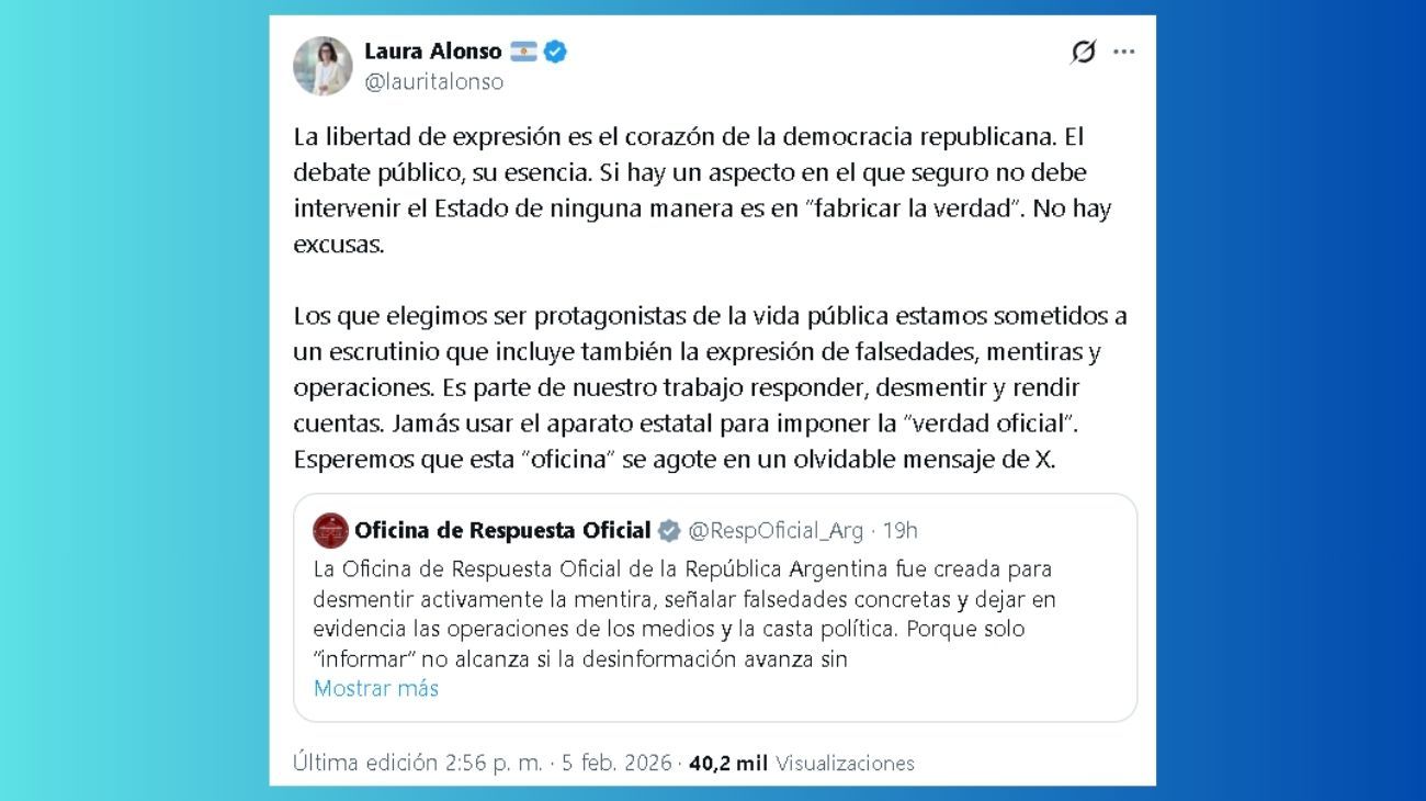 Tuit de Laura Alonso en contra de la Oficina de Respuesta Oficial