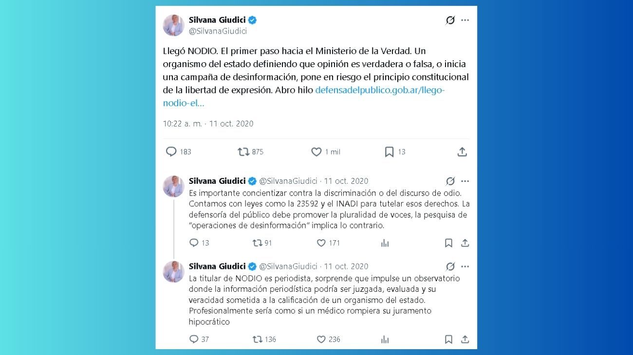 Tuit de Silvana Giudici en contra de NODIO
