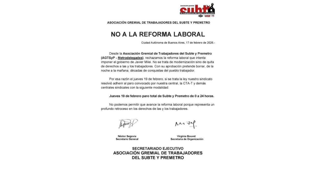 Paro de subte el 19 de febrero