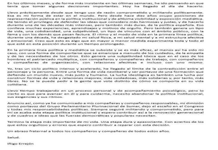 Carta de dimisión de Iñigo Errejón