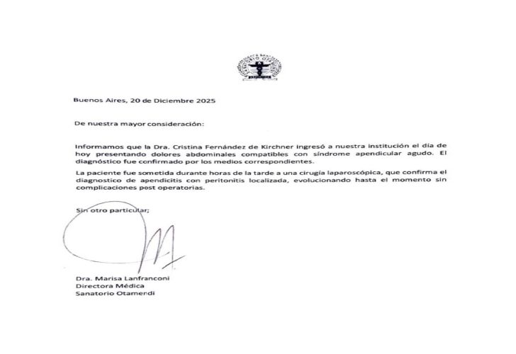 Primer reporte oficial sobre la salud de Cristina Kirchner