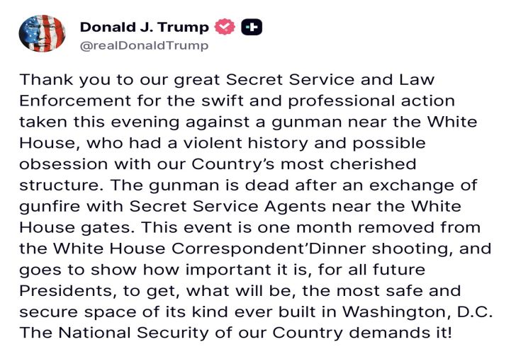 Posteo de Donald Trump sobre el tiroteo cerca de la Casa Blanca