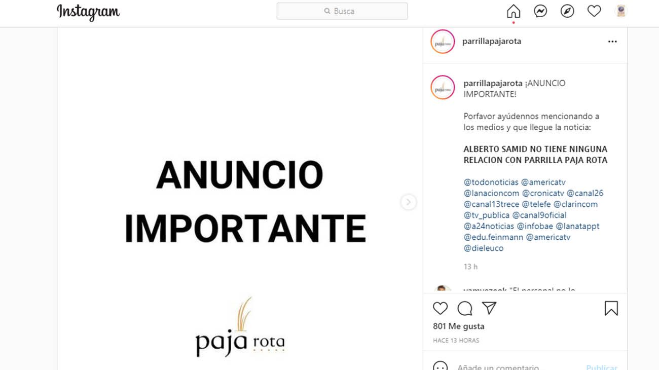 Comunicado del restaurante donde estuvo Samid
