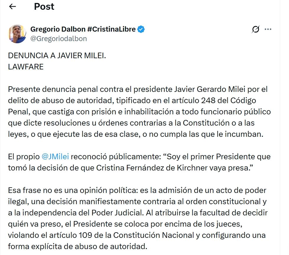 Denuncia de Dalbón a Milei en X