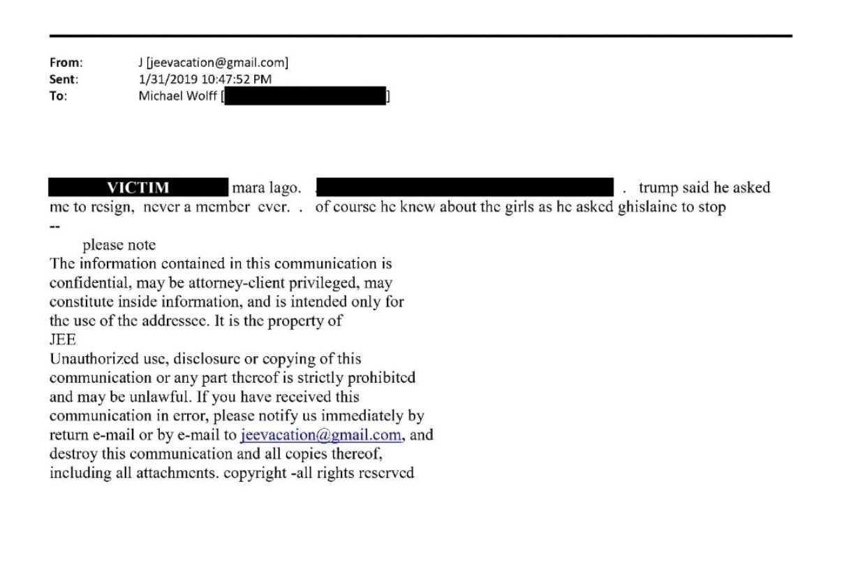 Correo de Jeffrey Epstein mencionando a Donald Trump
