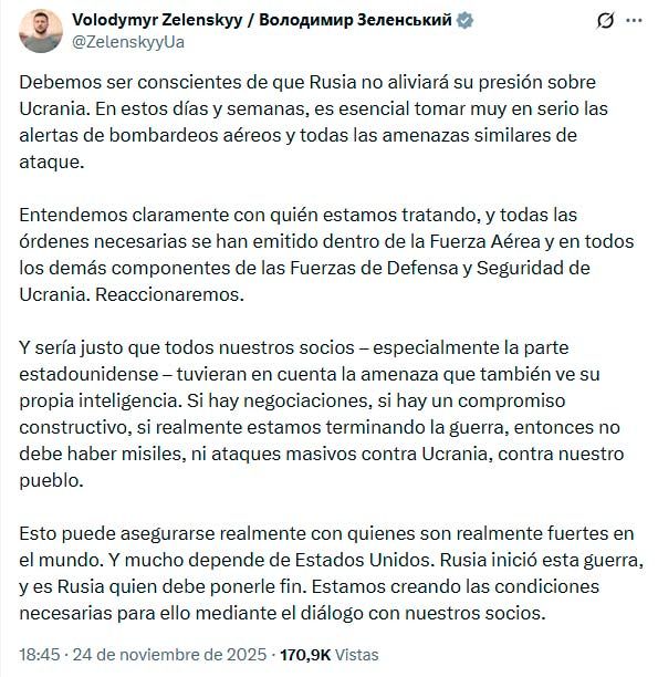 Post de advertencia de Zelenski