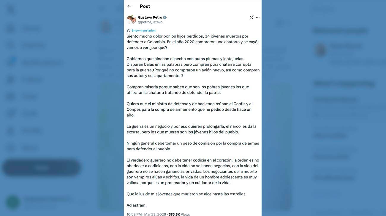 Tuit de Gustavo Petro sobre el avión caído