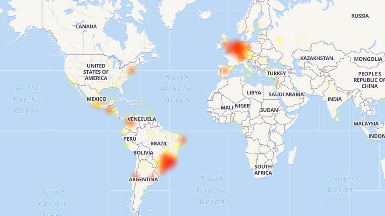 Mapa de la caída del servicio de Whatsapp. Fuente: Downdetector.