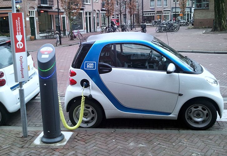 an electric car recharges in amsterdam, the netherlands.